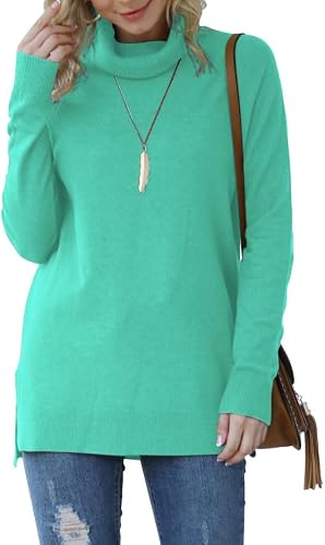 HWOKEFEIYU Women's Fall Casual Turtleneck Long Sleeve Side Split Knit Pullover S
