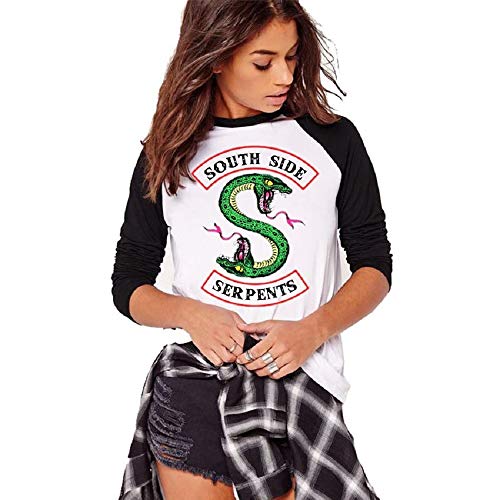 Costura en Blanco y Negro Moda Riverdale-South Side Serpents Camiseta Estampada de Manga Larga para Mujer Cuello Redondo Top Comoda Primavera y Otoño