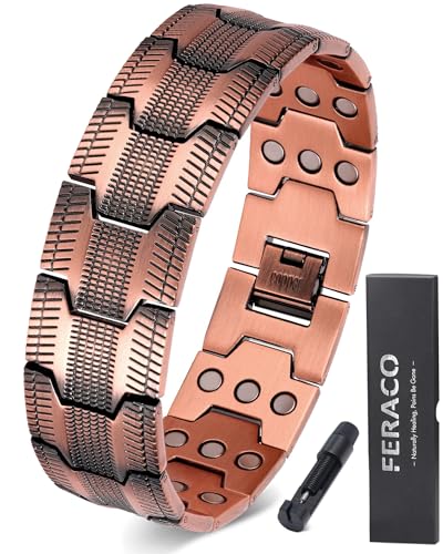Feraco Copper Magnetic Bracelets for Men, 99.99% Pure Copper Bracelet with 3 Row Neodymium Magnets,Men's Jewelry Gifts, 9.06 inches, Metal, no gemstone