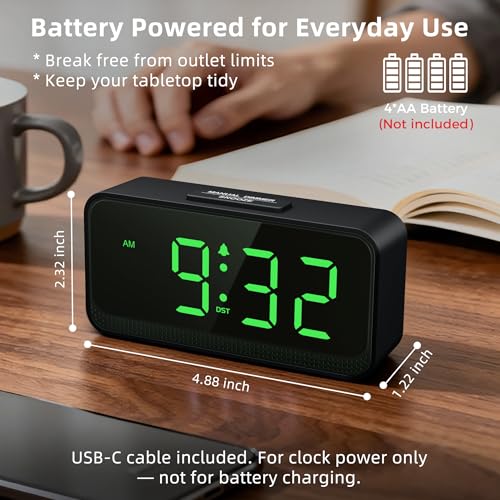 Image of Small Battery Operated Alarm Clock: Long-Lasting Battery Use | Compact Cordless Digital Clock for Bedrooms Desks and Travel - Easy to See with Auto Brightness for Seniors (Green Digits)