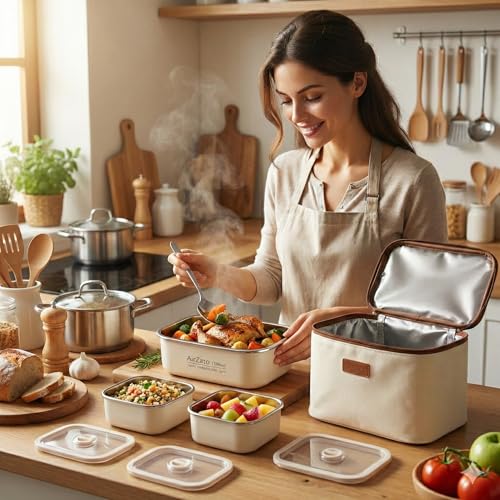 Image of Lunch Box Stainless Steel Leakproof Insulated Tiffin Box with Thermal Bag, 2750ML Large Capacity 3-Container Meal Prep Lunch Box for Office School Travel, Beige