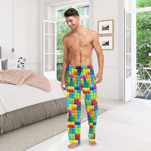 Colorful Toy Building Blocks Pattern Men's Pajama Pants Soft Lounge Lightweight with Drawstring and Pockets 6