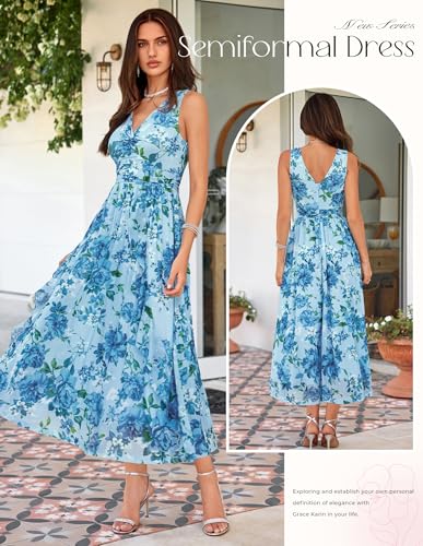 Image of GRACE KARIN Women's Summer Sleeveless Floral Maxi Dress V Neck Formal Wedding Guest Dress A Line Beach Vacation Clothes