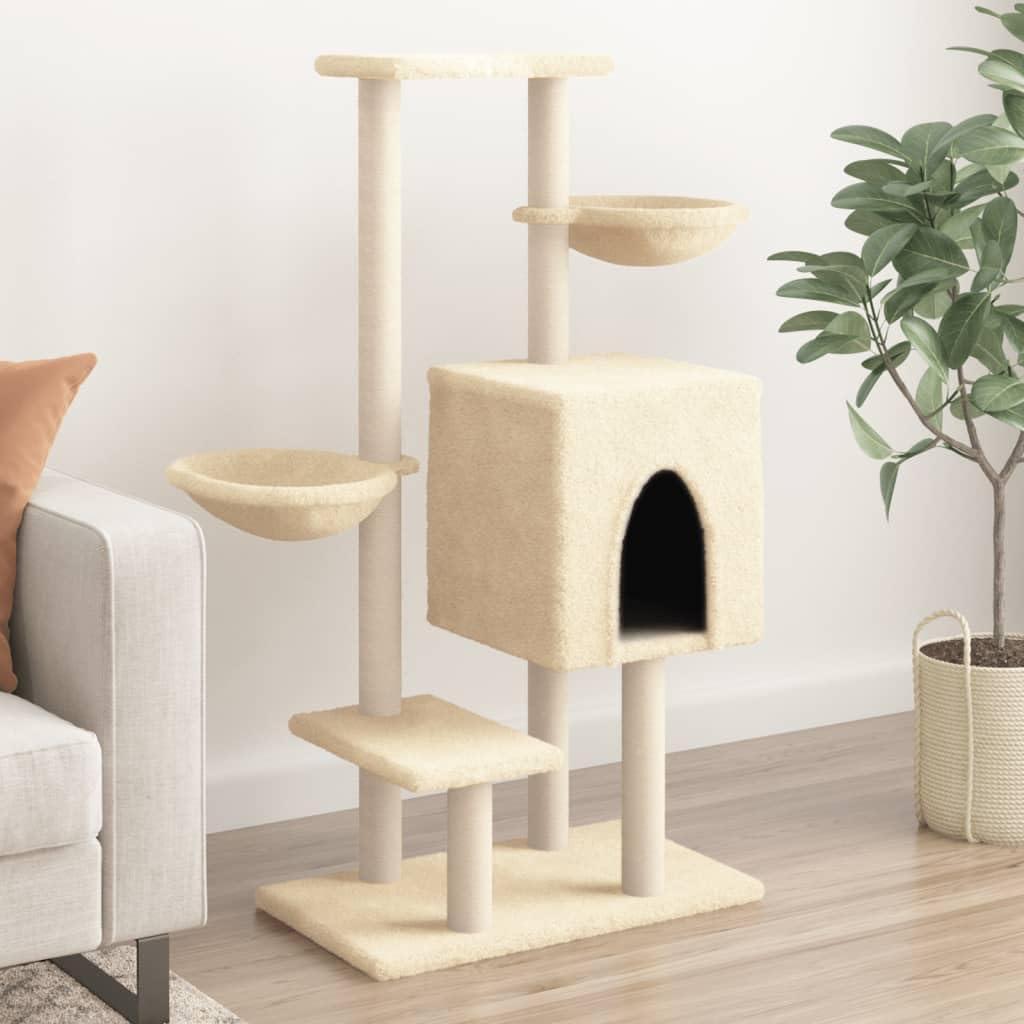 Kratzbaum Mit Sisal-Kratzsäulen Creme 117 cm | Alles-in-einem-Katzenturm, Katzenhöhle Mit 2 Körben, Weicher Plüschbezug, Liegeflächen
