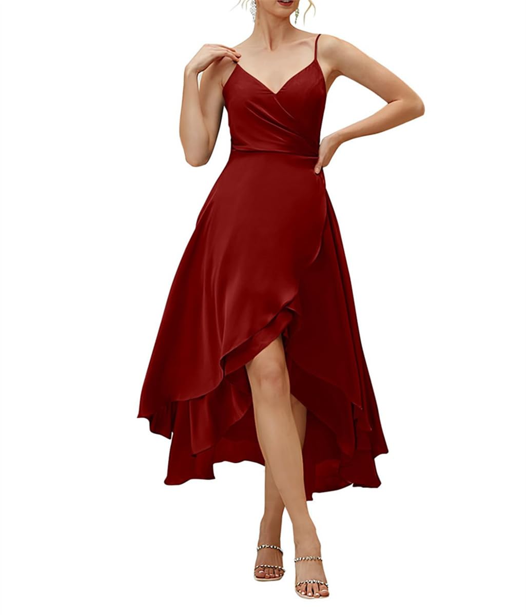 WSEYU Satin Bridesmaid Dresses with Spaghetti Straps High Low A-Line Formal Party Gowns for Wedding Burgundy UK14