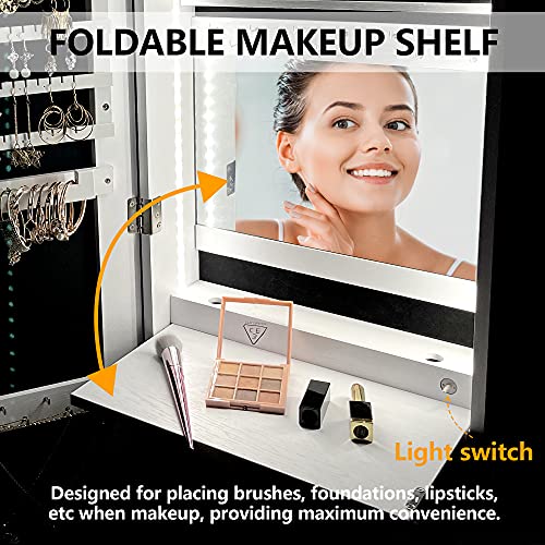 Vlsrka 47.2" Led Jewelry Mirror Cabinet, Wall/Door Mounted Jewelry Armoire Organizer With Full-Length Mirror, Large Capacity Storage Hanging Cabinet, 4 Drawers, 5 Shelves, Built-In Lighted Mirror #TOP5