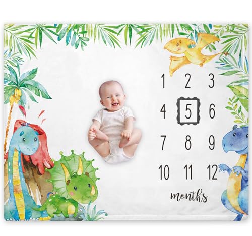 Image of Yuzioey Dinosaur Baby Monthly Milestone Blanket, Dinosaur Baby Growth Chart Milestone Blankets, Newborn Month Blanket for Boy and Girl,Includes Marker(50"x40")