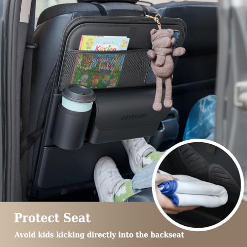 Image of Coverado Car Backseat Organizer(2 Packs) with Tablet Tray, Nappa Leather Organizer for Car Seat Back, Waterproof Car Seat Organizer with Touch Screen, Seat Protector Kick Mats for Kids