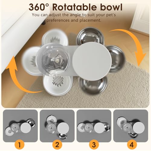 Automatic Gravity Cat Dog Feeder and Water Dispenser with 304 Stainless Steel Bowls 2 in 1 360 Degree Rotatable Auto 2.4L Dry Food and 2.6L Water Bowl for Small Medium Pet Dog Puppy Kitten (Gray) - Image 4