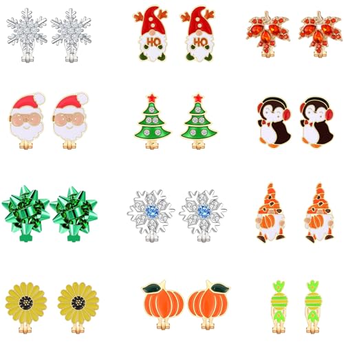 12 Pairs Christmas Thanksgiving Clip on Earrings Set for Teen Girls Women Holiday Earrings Bulk Snowflake Penguin Christmas Tree Bow Gnome Winter Clip Earrings Fall Pumpkin Leaf Earrings Jewelry Gifts