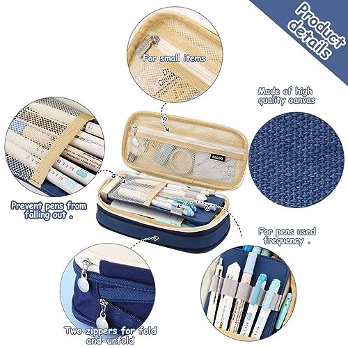 Image of Big Capacity Kawaii Pencil Case, Durable Storage Multiple Compartment Double Zipper Portable Capacity Pencil Pouch for Student Kids (Navy Blue)