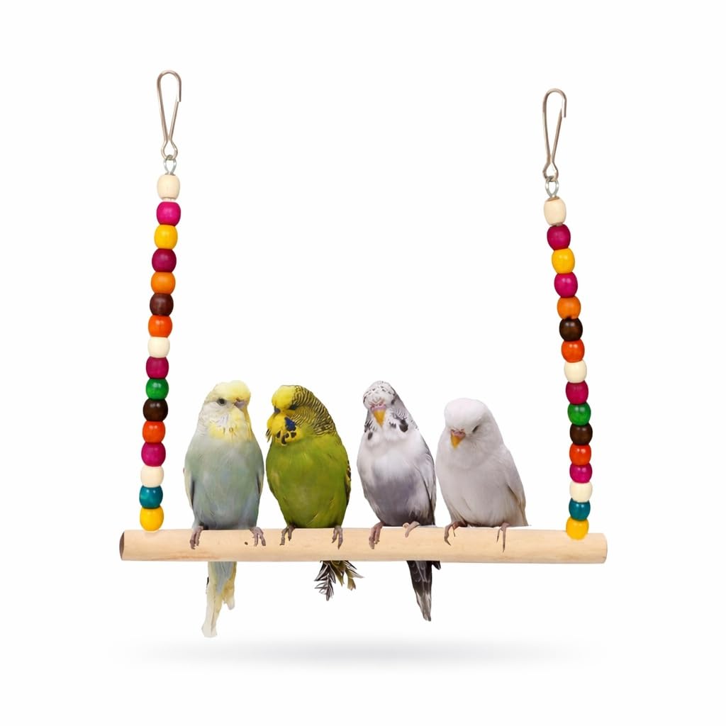 KSK Pet Products Bird Toys Parrot Swing Toy with Colorful Wooden Beads Bells and Pet Bird Cage Hammock Hanging Chew Toys for Small Parakeets Cockatiels, Conures, Lovebirds, Finches(11X10Inch)-image-2