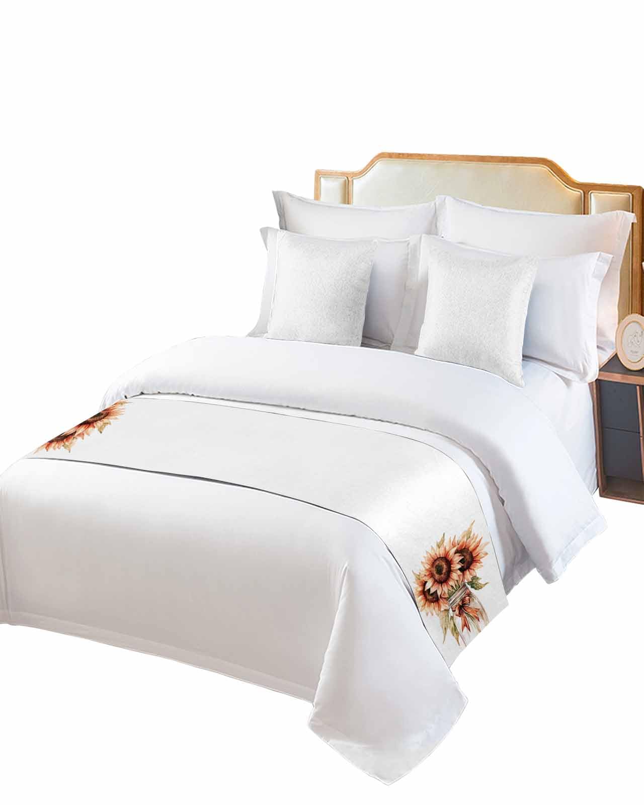 Summer Floral Bed Runner for Twin Size, Spring Sunflowers Leaf Plant Bow Vase Bedspread Protector Slipcover Bed Scarf for Foot Runners & Scarves for Bedroom Hotel Wedding Room 71x20 Inches