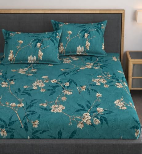 Image of Vaini Premium Heavy Cotton Elastic Fitted Bedsheets with 2 King Size Pillow Covers || Double Bed with All Around Elastic 350 TC || 60 x 78 x 8 Inch Queen Size Fitted || :- Green Flower