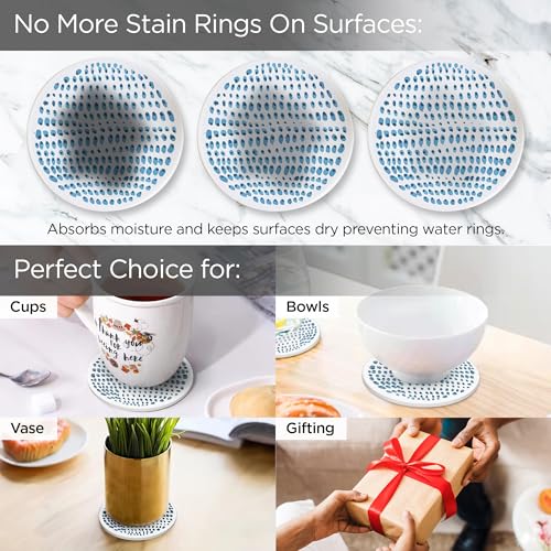 Image of The Better Home Diatomite Coasters Set of 6 (Dia - 10cm) | Dining Table Decor Accessories | Cups /Coffee Mugs /Glasses Coaster Set | Glass Cover Lid | Kitty Party Return Gifts for Women (White Print)