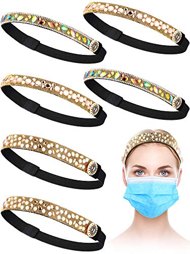 Waydress 6 Pieces Headbands with Buttons, Skinny Glitter Headband Non-slip Elastic Hair Band Button Headband Ear Protection Holder for Sports Yoga Workout (Colorful Pattern)