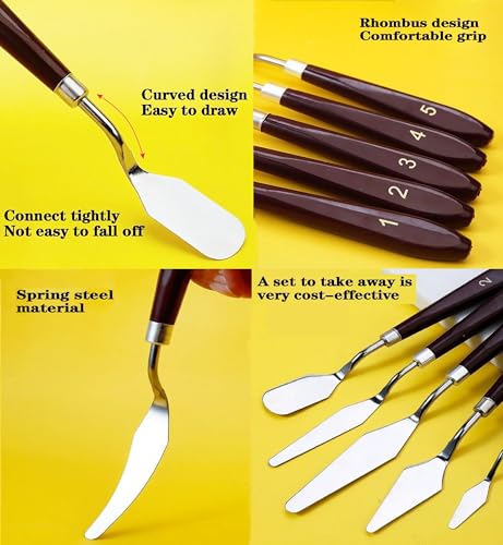Image of GLUN Set of 5 Palette Knives for Painting, Various Size & Shape, Stainless Steel Spatula, Brown Number Polished Handle for Artist Canvas Oil Paint Color