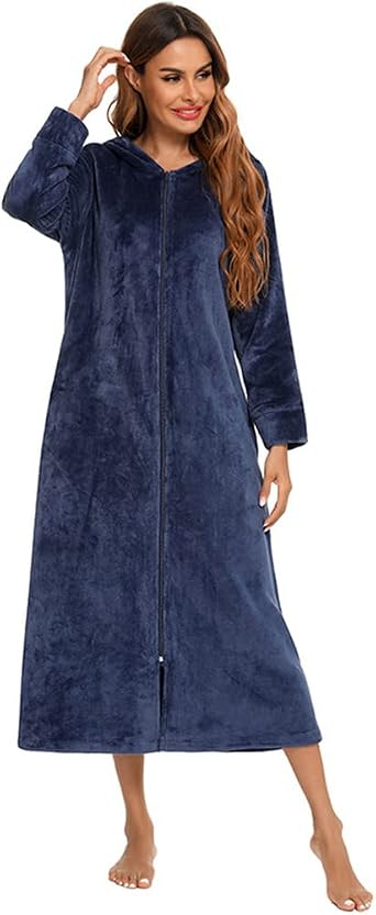 Womens Long Warm Robe Zipper Fleece Plush Pajamas Soft Housecoat