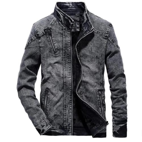 Men's Thickened Denim Jacket Retro Stand Collar Solid Color Zipper Slim Casual Jean Coats2