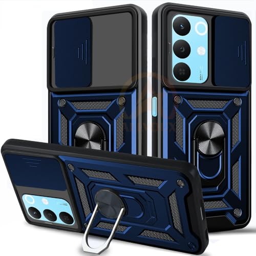 Image of Armor Bumper Back Cover Case for Realme 15X 5G Rotating Camera Cover, Ring Holder & Kickstand | Heavy Duty & 360 Degree Protection Realme 15X 5G Back Cover (Blue)