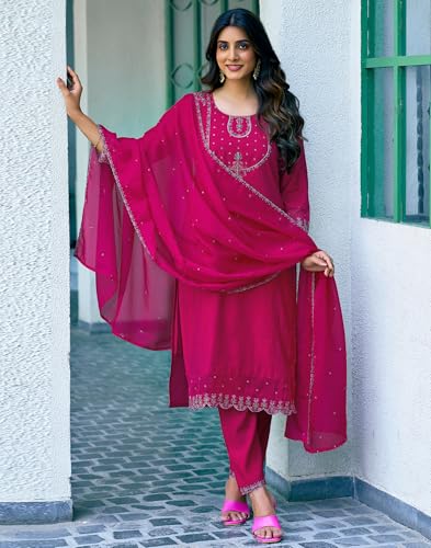 Image of SIRIL Women's Rayon Viscose Sequence Embroidery Work Straight Kurta Pant with Dupatta Set