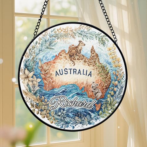 Suncatcher with Australian Map with Wildlife Design, Customized Name Australia Round Glass Window Hanging, Gift for Aussie, Lovely Wildlife Inspired Suncatcher, Australian Nature Sun Catcher