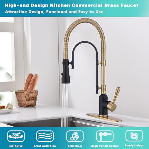 Image of Classical Commercial Copper Kitchen Faucet, Single Handle Spring High Arc with 360 Swivel Pull Down Spray, Finish & Deck Plate for Farmhouse Sink,Black+Brushed Gold