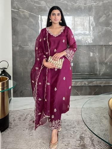 Image of Royal Export Women's Kurta Set | Viscose Silk Floral Embroidered Straight Kurta Pant Dupatta Set Kurta Sets for Women | Ladies Kurta Set