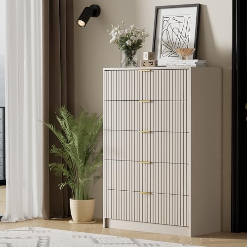 Image of Furniway Beige Dresser for Bedroom, Modern Dresser with 5 Drawers and Smooth Slides, Wide Chest of Drawers with Golden Handles for Bedroom, Living Room, Closet, 15.7 inch D x 31.5 inch W x 47.2 inch H