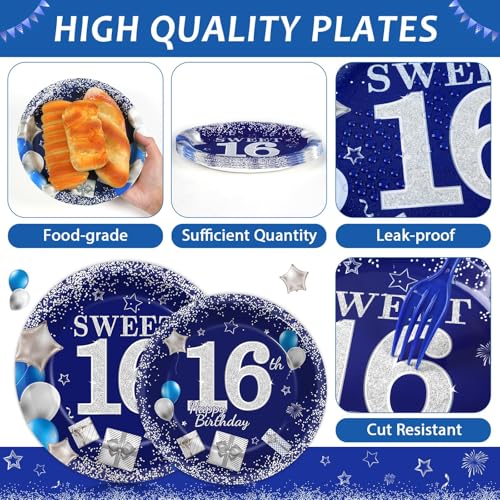 Image of gisgfim 96Pcs 16th Birthday Plates and Napkins Party Supplies Sweet 16 Birthday Party Tableware Set Blue Silver 16th Birthday Decorations Favors for 16 Years Old Boys Girls for 24 Guests