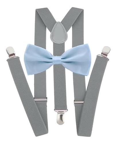 Kit Suspensório Cinza + Gravata Borboleta Azul Bebê (ADULTO)