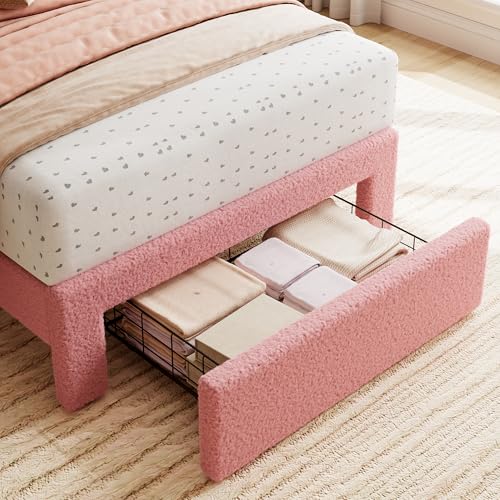 GarveeHome Twin Bed Frame with Under-Bed Drawer, Upholstered Platform Bed with Wave Headboard for Kids/Girls, Wooden Slats Support, No Box Spring Needed, Boucle Pink