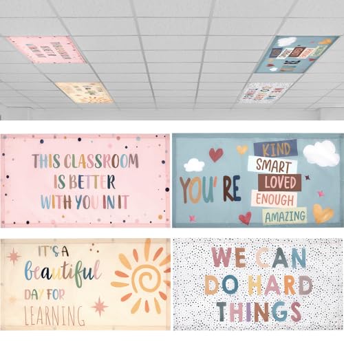 Image of ROCEEI Pack of 4 Fluorescent Light Covers for Ceiling Lights, 4 x 2 Ft, Magnetic Light Covers for Classroom Office Home School Ceiling Decor(Boho Style)