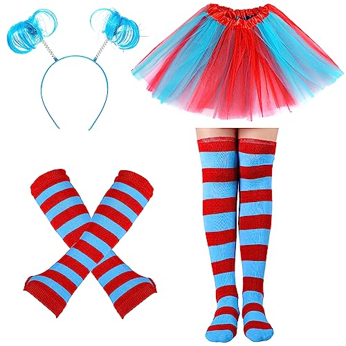 Jupe tutu rouge et bleu costume femme avec chaussettes rayées et gants