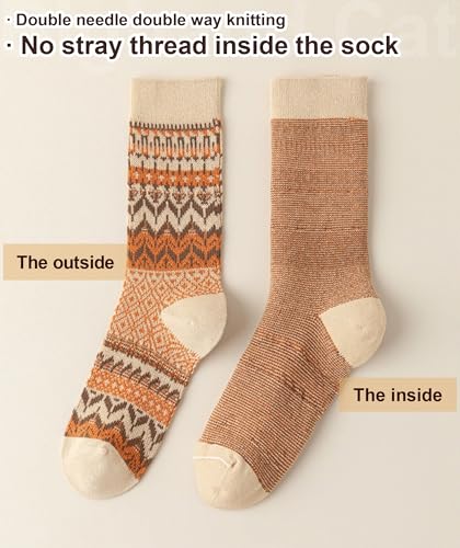 Image of IIG 3-5 Pairs Womens Vintage Cozy Crew Socks Soft Cute Neutral Cotton Socks Exquisite Patterns Socks Gift