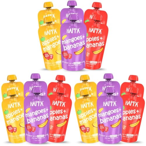 Image of Happa Organic Baby Food Puree | 100% Fruits | No Added Sugar, No Milk Powder, No Preservatives | Stage 2 (6 Months+) | Ready to Eat | Free from Common Allergens | Pack of 18 (100g Each)