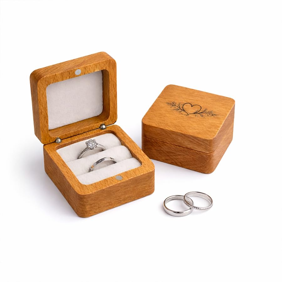 Générique Boîte à Alliances en Bois Personnalisée – Écrin Mariage Carré Aimanté avec Velours Blanc – Porte Alliances Gravé Prénoms et Date – 2...