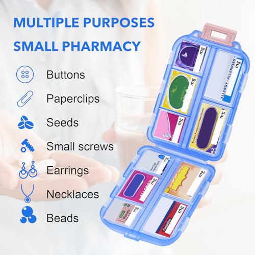 Image of Large Travel Pill Organizer with 189 Stickers, 10 Compartments Travel Medicine Organizer Travel Pill Box Pill Case for Purse Airplane Car Nurse Vacation Essentials (Blue, 1 Pack)