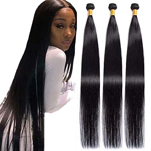 Maxine Hair 10A Brazilian Virgin Straight Hair 3 Bundles 100% Unprocessed Long inch Human Hair Weave Extensions Natural Color Can Be Dyed and Bleached (28'' 30'' 32'')