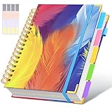 Hardcover Spiral Notebook Journal with Removable Dividers Tabs, 300 Pages 5 Subject Notebook College Ruled, 100GMS Notebooks for Work School Note Taking,Lined Journal for Women,Colorful Feather