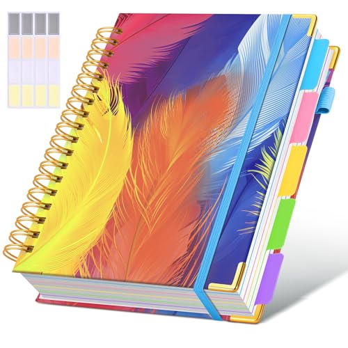 Hardcover Spiral Notebook Journal with Removable Dividers Tabs, 300 Pages 5 Subject Notebook College Ruled, 100GMS Notebooks for Work School Note Taking,Lined Journal for Women,Colorful Feather