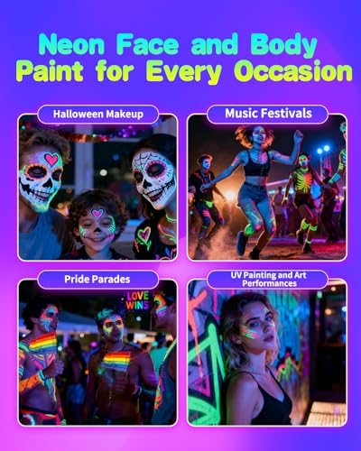 Oiomniv 10 Farben UV Schwarzlicht Stifte, Neon Schminke Glow in the Dark Face & Body Paint, Fluoreszierende Tattoo Marker, Hautfreundlich Wasserfest Bodypainting Set für Festival, Party