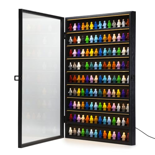 FIGURESLAB Minifigure Collectors Showcase with LED Light, Miniature Display Case, Building Block Wooden Display Box Wall Mount, Mini Figures Toy Lockable Shadow Box for Collecting Miniature Figurine
