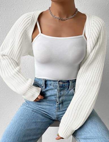Image of Plus Size Women's Long Sleeve Open Front Crop Cardigan Drop Shoulder Shrug Oversized Ribbed Knit Bolero Sweater