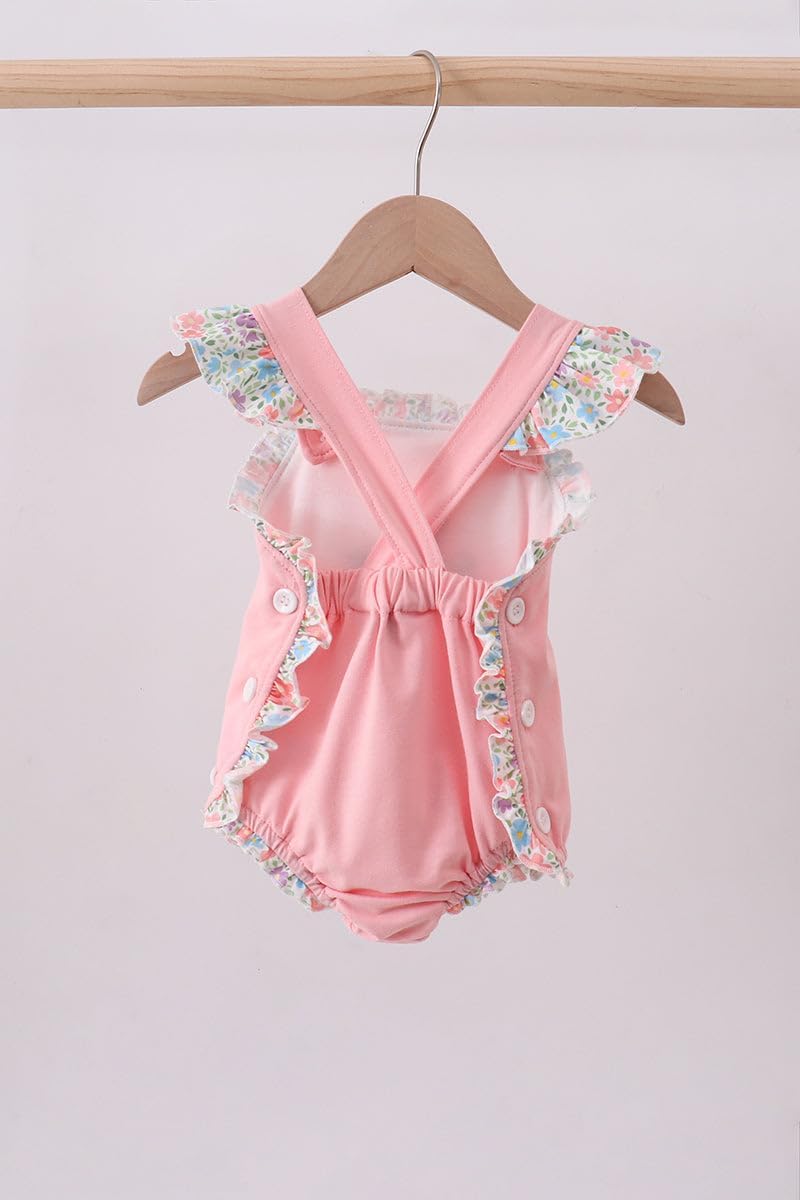 abby&evie Pink floral cross embroidery ruffle bubble