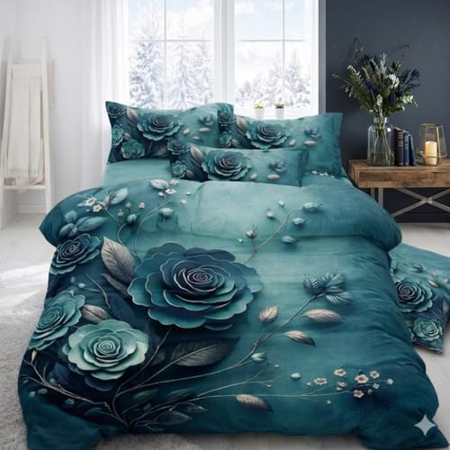 Image of Premium 7D King Size Bedsheet, Teal Floral Rose Print, 3D Effect Design, with Pillow Covers