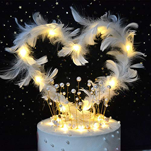 Feather Cake Topper Decoration With LED Light For Anniversary Birthday Party Wedding Baby Shower Birthday Party Favors (Feather, White)