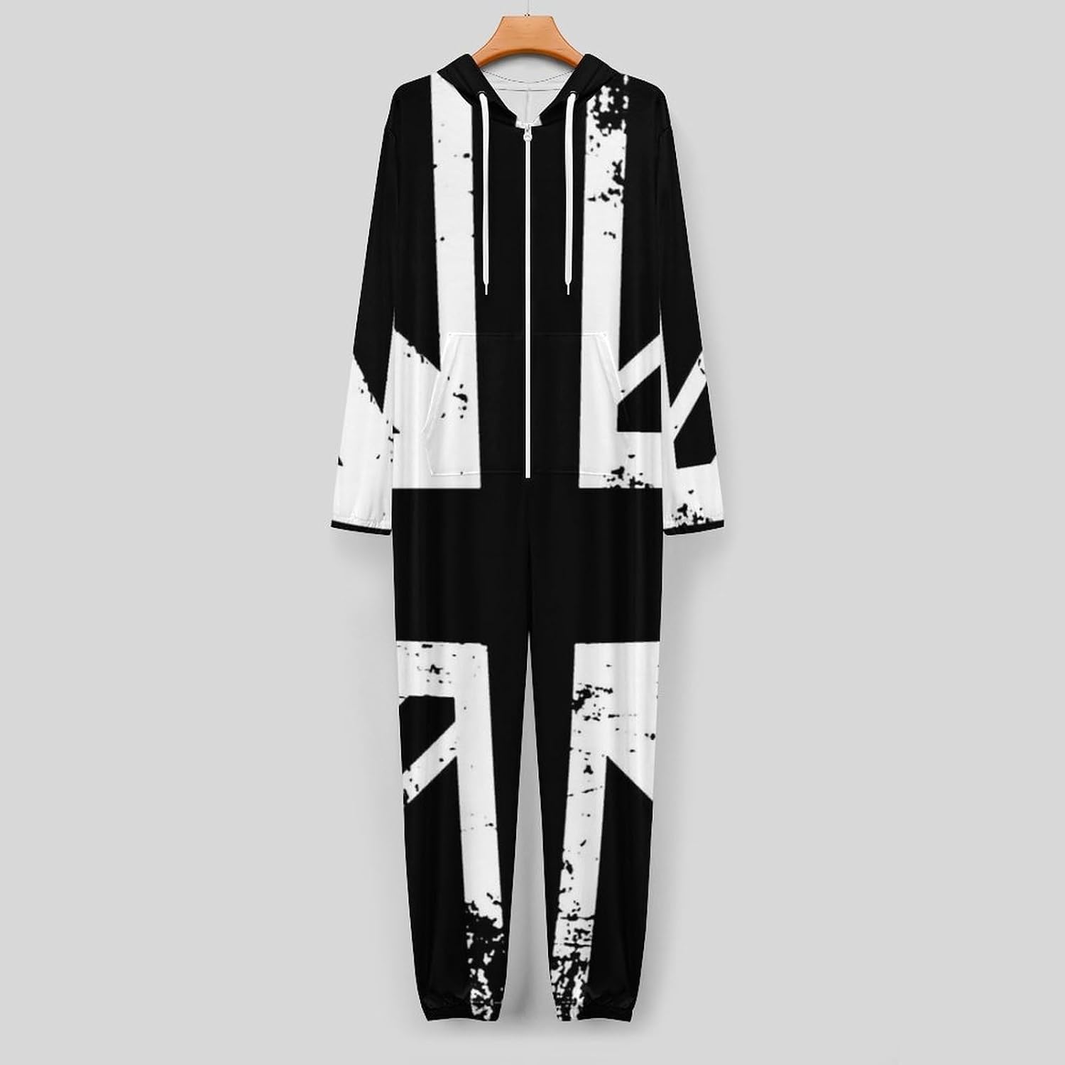 White And Black British Flag Adult Pajamas Onesie with Hood Pocket Jumpsuits One Piece Sleepwear