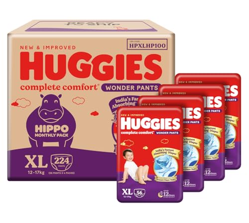 Huggies Complete Comfort Wonder Pants | Pant Style Baby Diapers Extra Large Size, 224 Count | India's Fastest Absorbing diaper, Clinically Proven to P