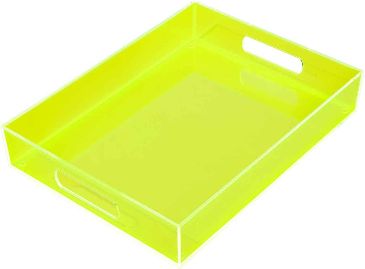 Large Acrylic Tray Ottoman Coffee Table Tray with Handles 17x13'' Decorative Serving Platter for Food Tea Dinner Snack Eating Bar Party, Neon Green